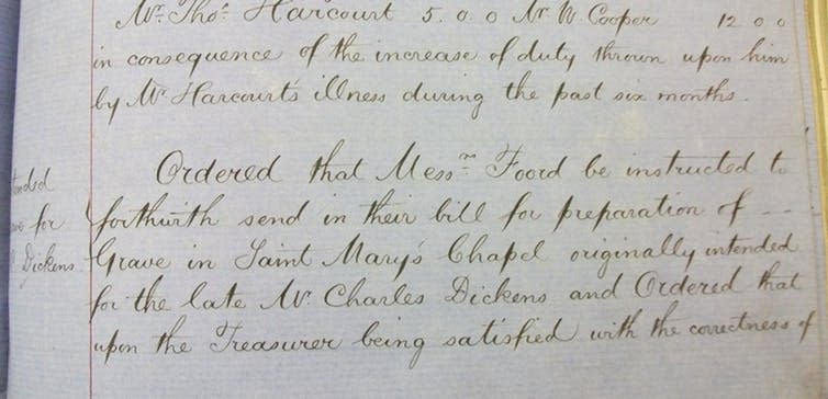 <span class="caption">Extract from the minute book of the Chapter of Rochester Cathedral, June 23 1870, confirming the payment made to John Foord & Sons for preparing Dickens’s grave in St Mary’s chapel.</span> <span class="attribution"><span class="source">Medway Archives & Local Studies.</span>, <span class="license">Author provided</span></span>