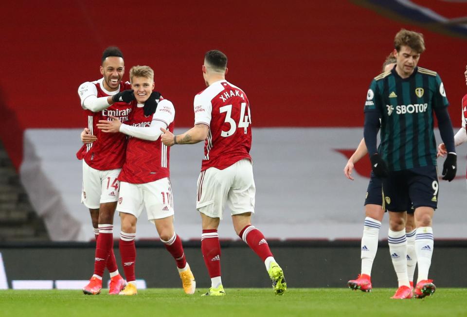 Pierre-Emerick Aubameyang celebrates scoring Arsenal’s opener (Reuters)