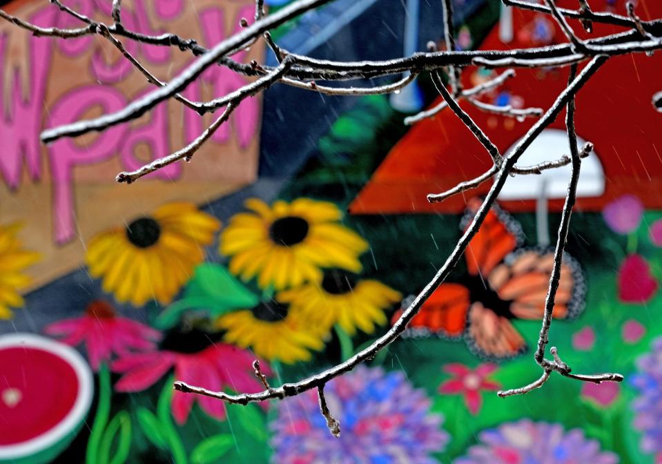 Ice-covered branches stand in contrast to a summer scene depicted on a mural called "The Fantastic Food Garden." Artist Danielle Poling painted the mural at Westgate Park.