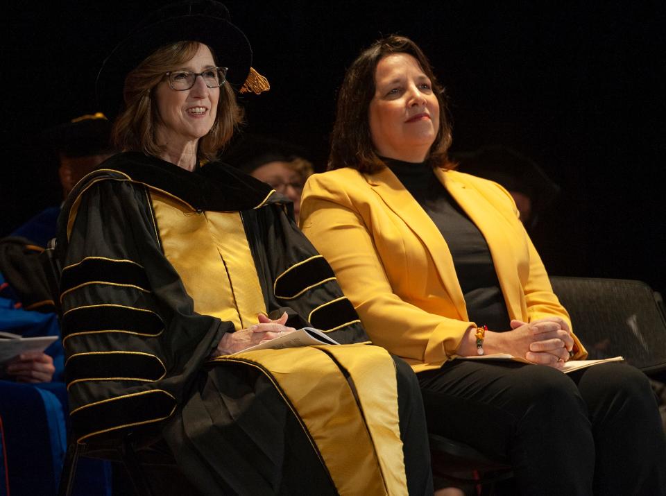Nancy Niemi, left, the 17th president of Framingham State University, at her inauguration ceremony, May 5, 2023, with Lt. Gov. Kim Driscoll.