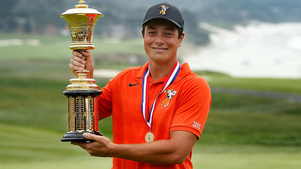 Viktor Hovland of Norway poses with the Havemeyer Trophy after winning the championship match for the U.S. Amateur Championship at Pebble Beach Golf Links on August 19, 2018 in Pebble Beach, California. (Photo by Lachlan Cunningham/Getty Images)