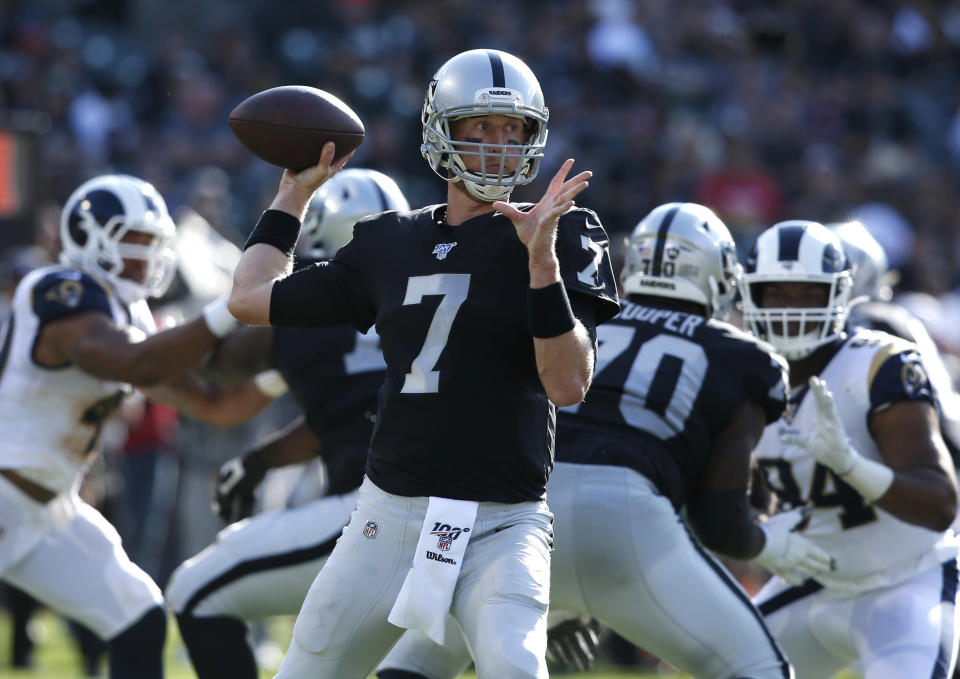 Oakland Raiders' Mike Glennon looks to pass against the Los Angeles Rams during the first half of a preseason NFL football game Saturday, Aug. 10, 2019, in Oakland, Calif. (AP Photo/Rich Pedroncelli)