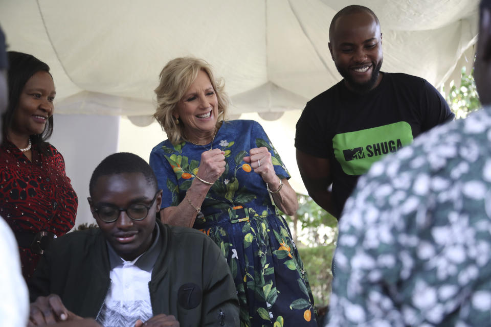 US first lady Jill Biden, centre, meets youth at Village Creative in Nairobi, Kenya, Saturday, Feb. 25, 2023. Biden is in Kenya on the second and final stop of her trip. (AP Photo/Brian Inganga).