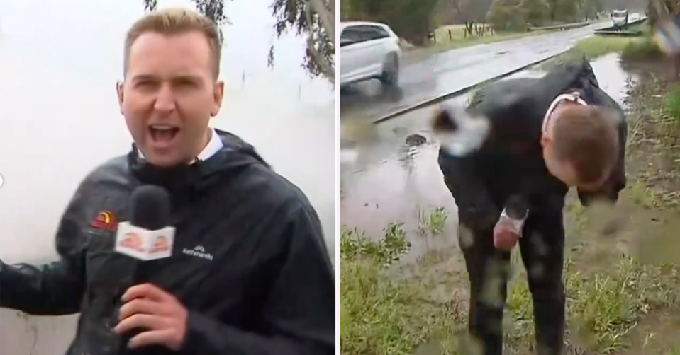 Nathan Currie is drenched by a passing truck during his weather report.