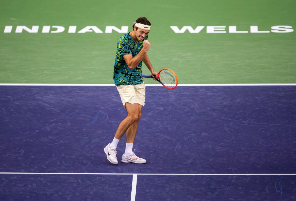 Taylor Fritz of the United States celebrates a point against Ben Shelton of the United States during their second-round match of the BNP Paribas Open at the Indian Wells Tennis Garden in Indian Wells, Calif., Saturday, March 11, 2023. 