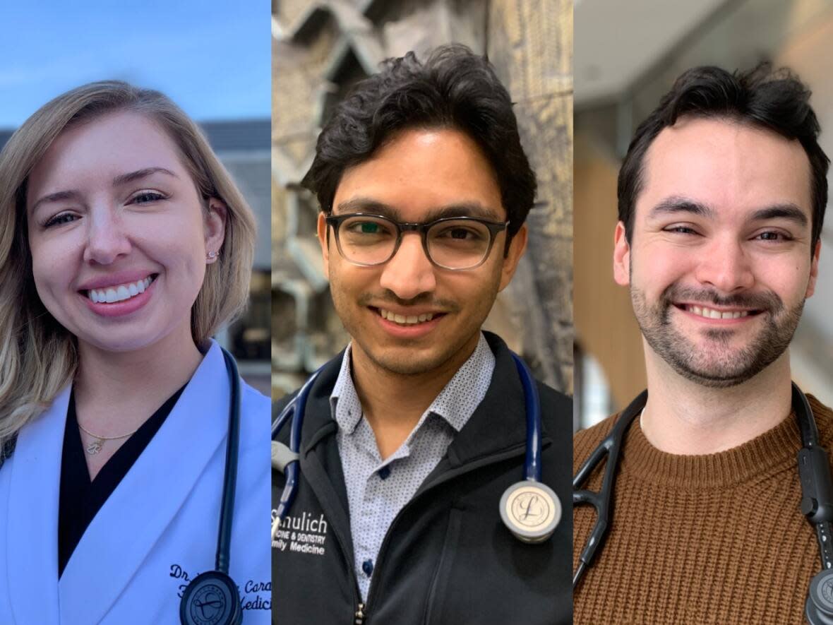 Laura Caracas, Neil Sengupta, Montana Hackett are students at Western University's Schulich School of Medicine and Dentistry. They each want to practice family medicine.  (Kate Dubinski/CBC - image credit)