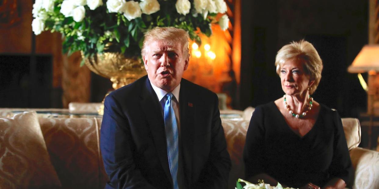 President Donald Trump with major donor and former Small Business Administration Administrator Linda McMahon.