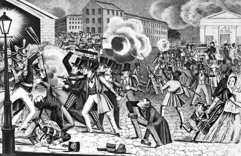 An illustration showcases anti-Catholic riots in Philadelphia in 1844.<a href="http://www.phillymag.com/news/2015/12/17/philadelphia-anti-catholic-riots-1844/" target="_blank"> Irish Catholic immigration to Philadelphia</a> boomed between 1830 and 1850. A rumor began spreading in the city that Catholics were trying to remove the Bible from public schools. Nativists in the city were furious and the tensions soon spilled out into riots.&nbsp; (Photo: Bettmann via Getty Images)