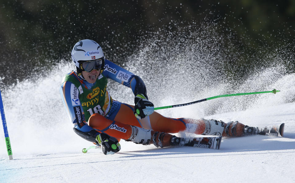 Henrik Kristoffersen of Norway competes during the first run of an alpine ski men's World Cup giant slalom, in Kranjska Gora, Slovenia, Saturday, March 8, 2014. (AP Photo/Shinichiro Tanaka)