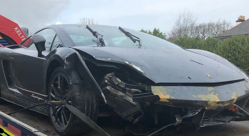 The smashed up Lamborghini that crashed on the A30 in Cornwall on Tuesday after the driver swerved to avoid a deer. (SWNS)