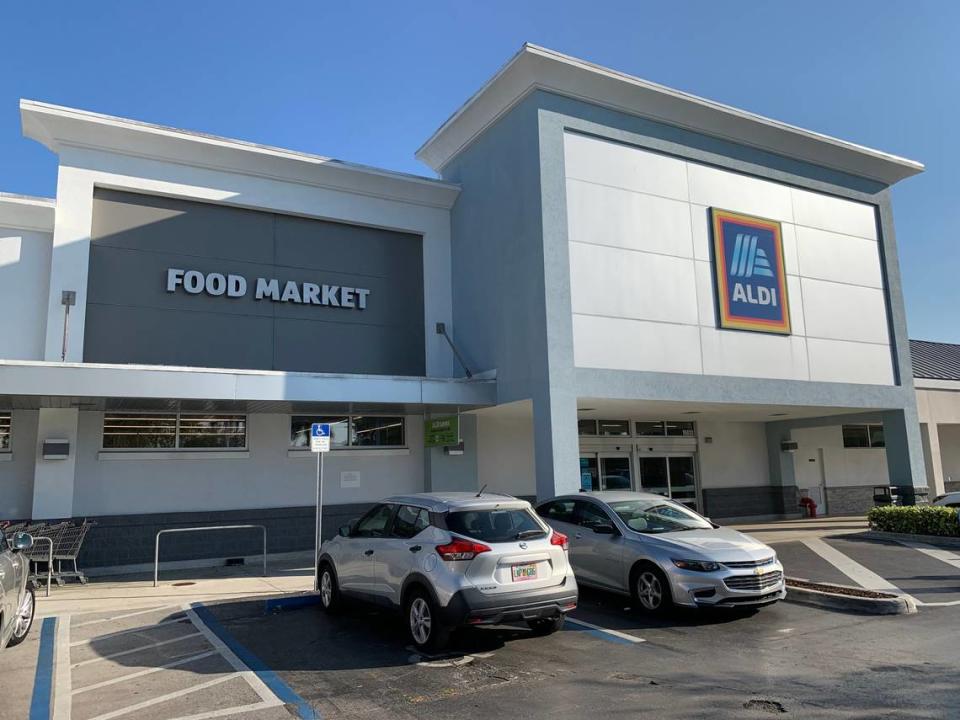 Aldi storefront in the Coral Reef Shopping Center at 15033 S. Dixie Hwy. in Palmetto Bay, Florida. Aldi is closed on Easter Sunday.