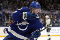 Tampa Bay Lightning center Ross Colton reacts after his goal against the Los Angeles Kings during the second period of an NHL hockey game Saturday, Jan. 28, 2023, in Tampa, Fla. (AP Photo/Chris O'Meara)