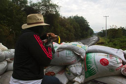 Miembros de las denominadas autodefensas montan una barricada en la comunidad de Uspero, en el estado de Michoacán, México, el 16 de enero de 2014 (AFP | Héctor Guerrero)