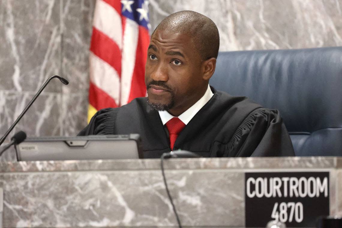 Judge George Odom presides over Terry McKirchy’s hearing at the Broward County Courthouse in Fort Lauderdale on Wednesday, Aug. 21, 2024. McKirchy, the babysitter charged with murder for the death of a 35-year-old man she allegedly permanently injured by shaking him as a 5-month-old in the 1980s, attended the hearing (Carline Jean/South Florida Sun Sentinel).