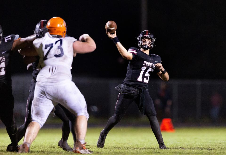 Palm Beach Central quarterback Caleb Butler throws the ball during their game against Benjamin in Wellington, Florida on October 6, 2023.