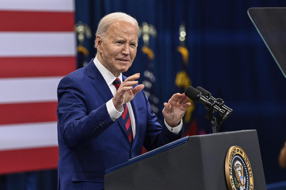 President Joe Biden delivers a speech about healthcare at an event in Raleigh, N.C., Tuesday, March 26, 2024. (AP Photo/Matt Kelley)