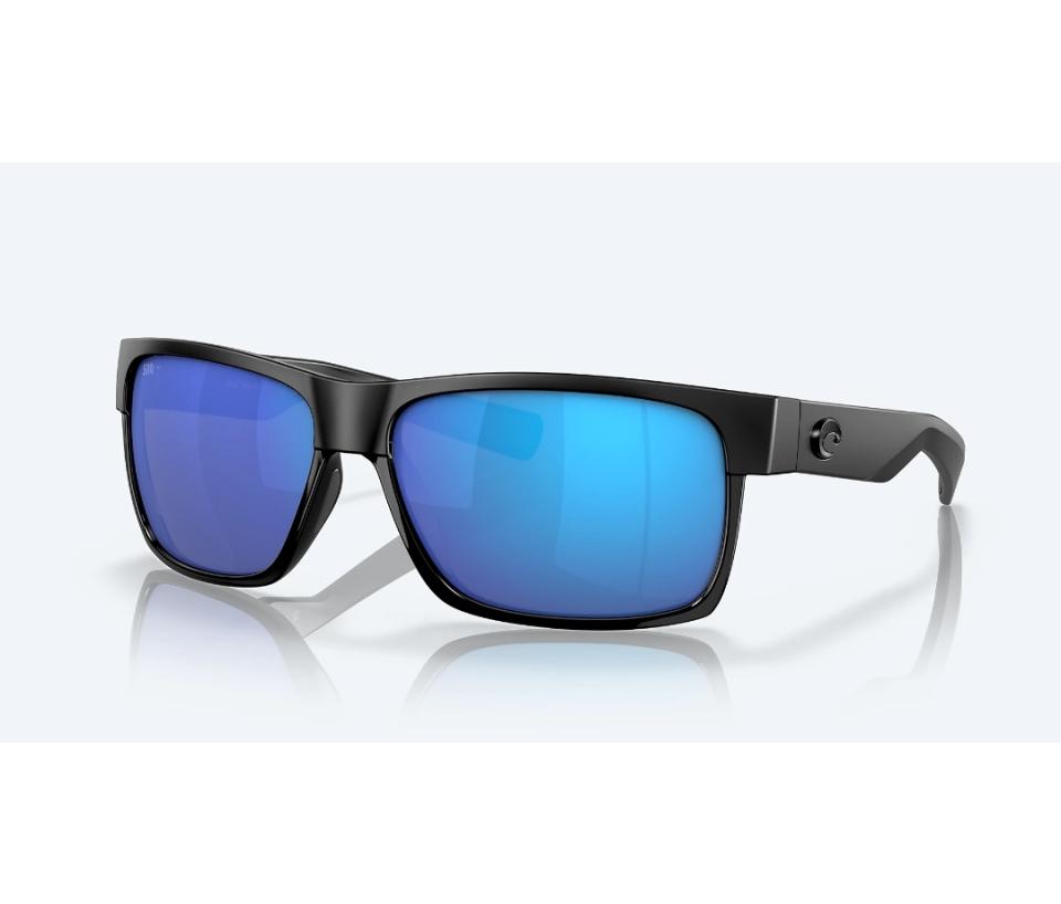 The Costa Half Moon was designed for those who spend lots of time on or around the water. The blue mirror polarized lenses are ideal for filtering reflective glare from the water, while a lens coating provides scratch protection and repels water, oil, and sweat for easy cleaning. The black frames feature straight temples and double-cut textures for a sporty style, while spring hinges and inset nose and temple pads keep them in place when the seas get rough. [$273; costadelmar.com]