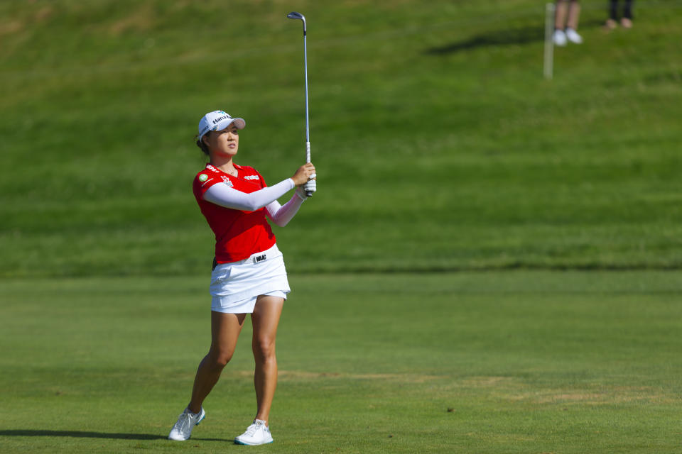 Minjee Lee of Australia plays a shot during the last round of the Evian Championship women's golf tournament in Evian, eastern France, Sunday, July 25, 2021. (AP Photo)