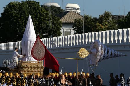 Officials take part during a funeral rehearsal for late Thailand's King Bhumibol Adulyadej near the Grand Palace in Bangkok Thailand October 21, 2017. REUTERS/Kerek Wongsa