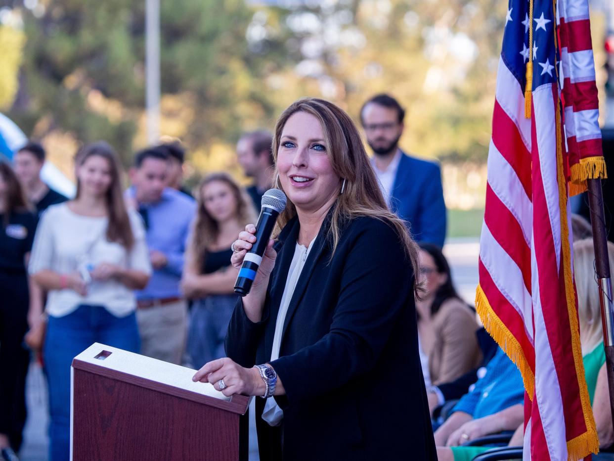 Republican National Committee Chairman Ronna McDaniel speaks while joining Republican National Committee (RNC), the California Republican Party (CAGOP) and top Orange County Republican Candidates during a rally ahead of the November elections in Newport Beach Monday, Sept. 26, 2022.