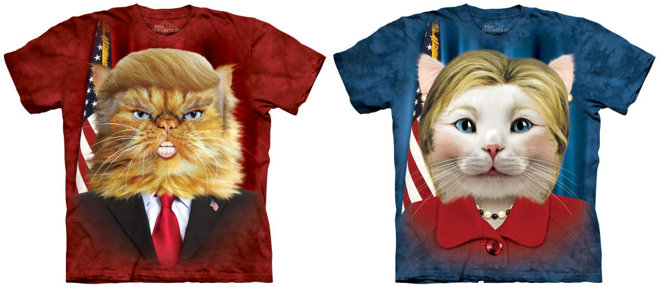 Politics and cats make for strange fellows, but even these feline-oriented T-shirts of <a href="http://www.allposters.com/-sp/Trumpy-Cat-Posters_i14539893_.htm?stp=true" target="_blank">Trump</a> and <a href="http://www.allposters.com/-sp/Clinton-Kitten-Posters_i14539861_.htm?stp=true" target="_blank">Clinton</a> will "Meow America Great Again."<br />(AllPosters.com, $18.99 each)