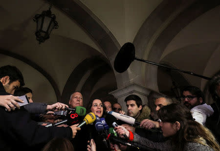 Ciudiadanos party leader in Catalonia, Ines Arrimadas, speaks to journalists during a campaign stop in Figueres, Spain, December 15, 2017. REUTERS/Albert Gea