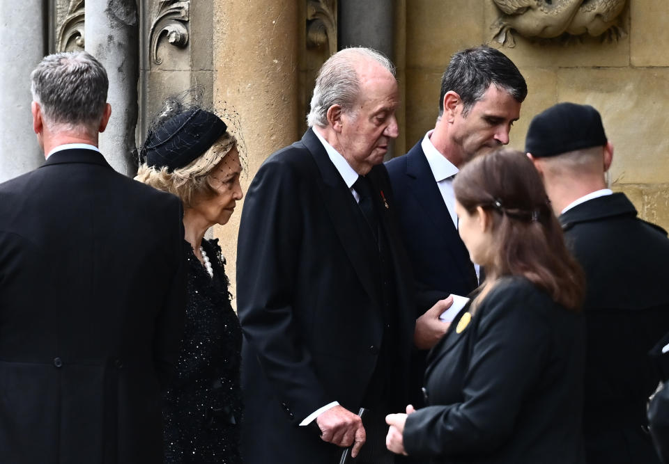 Spain's former King Juan Carlos and former Queen Sofia arrive at the State Funeral of Queen Elizabeth II, held at Westminster Abbey, London.Picture date: Monday September 19, 2022.