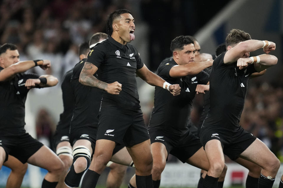 New Zealand players perform a Haka before the Rugby World Cup Pool A match between New Zealand and Namibia at the Stadium de Toulouse in Toulouse, France, Friday, Sept. 15, 2023. (AP Photo/Christophe Ena)