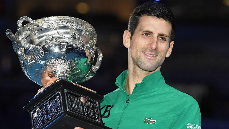 Pictured here, 2020 Australian Open men's champion, Novak Djokovic.