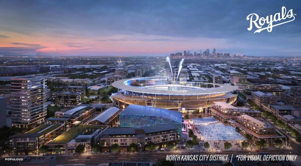 A rendering from stadium design firm Populous shows a concept of what a new Kansas City Royals stadium located in North Kansas City might look like.