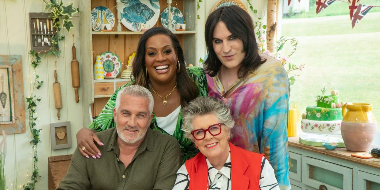 alison hammon, noel fielding, paul hollywood, and prue leith smiling at the camera during botanical week of the great british bake off 2023