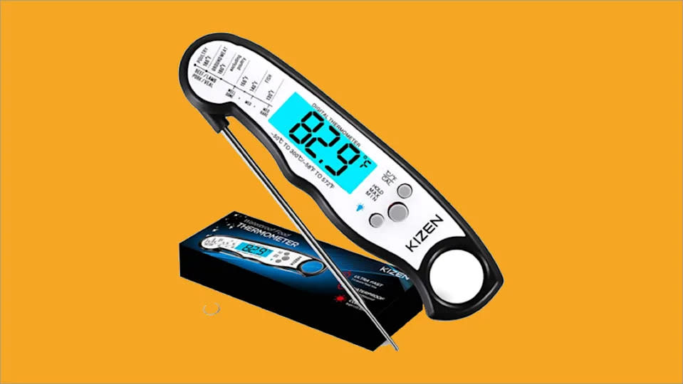 Kizen meat thermometer showing temperature in farenheight on digital screen