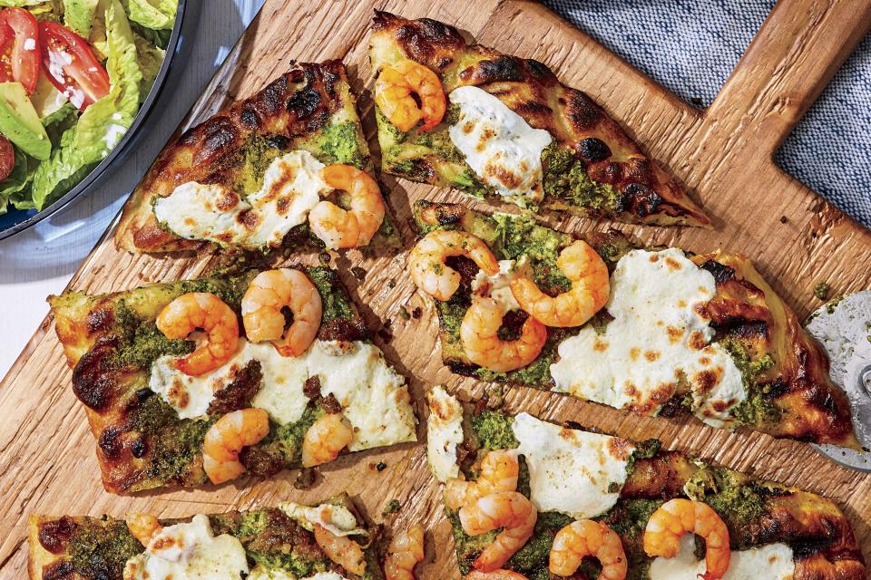 Sausage-and-Shrimp Pizzas with Spinach-Basil Pesto