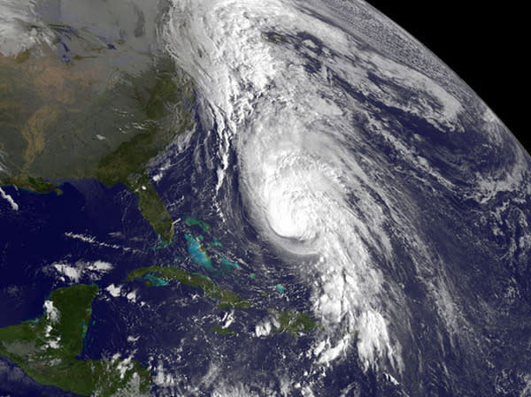 Hurricane Rafael was spotted by NASA's GOES-14 satellite at 7:45 a.m. EDT on Oct. 16, 2012. The bright white clouds mark the strongest storms in the hurricane.