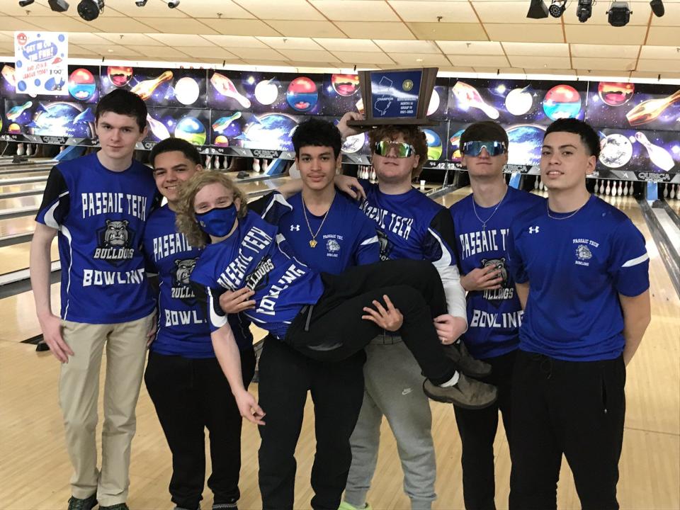 The Passaic Tech boys bowling team won the North 1A, Group 4 sectional title on Saturday, Feb. 12, 2022 at Bowler City in Hackensack. From left: Jack Schmitt, Anthony Witter, Luke Studer, John Candelaria, Ryan O'Keefe, Andrew Malec and Mirquis Erazo.