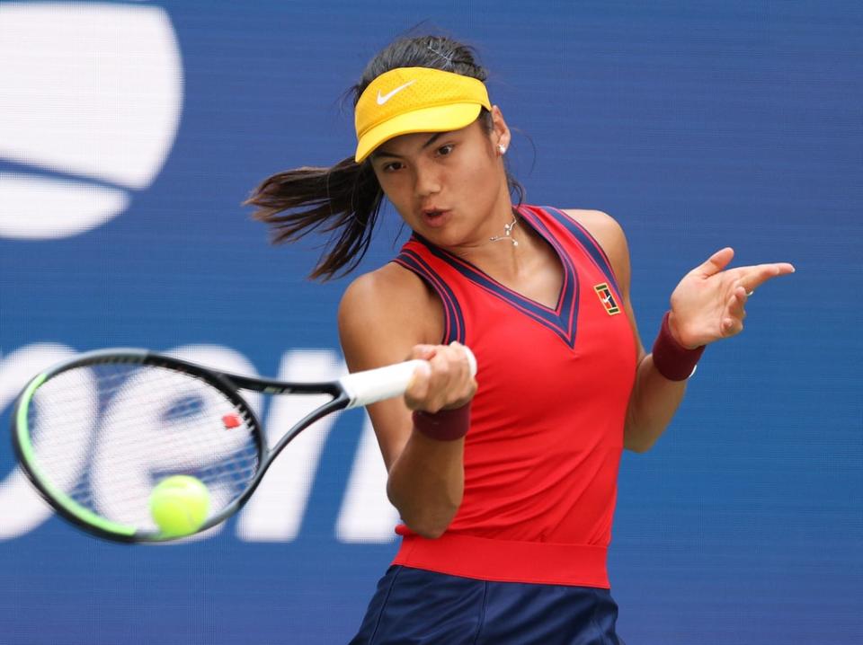 Emma Raducanu plays a forehand against Belinda Bencic (Getty Images)