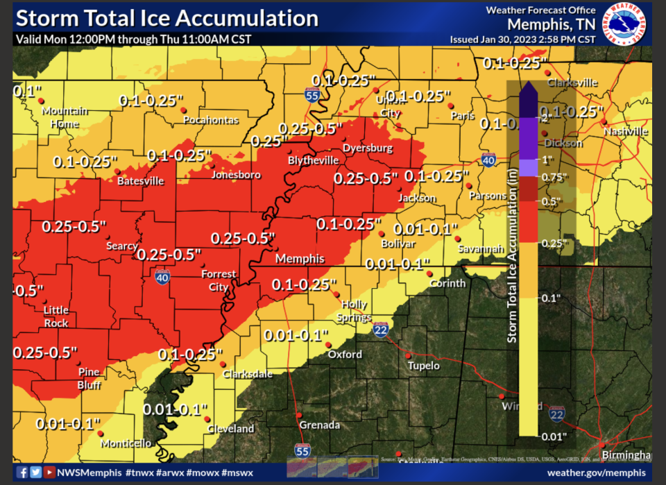 Regional map projects expected ice accumulation from Monday, Jan. 30 through Thursday, Feb. 2 across West Tennessee.