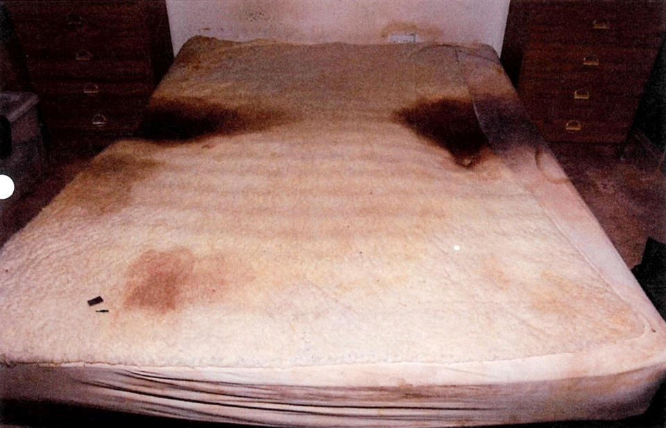 A gross, urine-stained bed with black dirty patches on either side. 