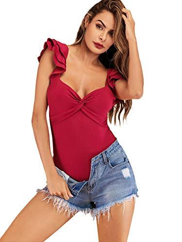 11) DIDK Women's Sexy Sweetheart Neck Twist Front Layered Sleeveless Solid Bodysuit Burgundy M