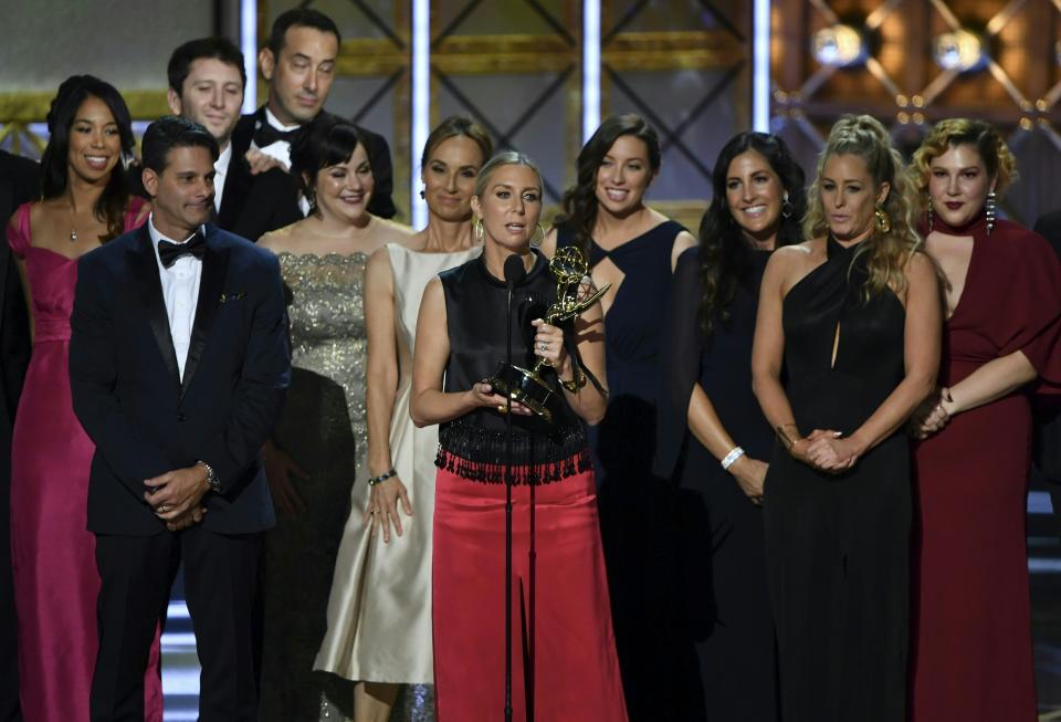 Audrey Morrissey and crew members accept the award for Outstanding Reality Competition Program for "The Voice" onstage during the 69th Emmy Awards at the Microsoft Theatre on Sept. 17, 2017 in Los Angeles, California.&nbsp;