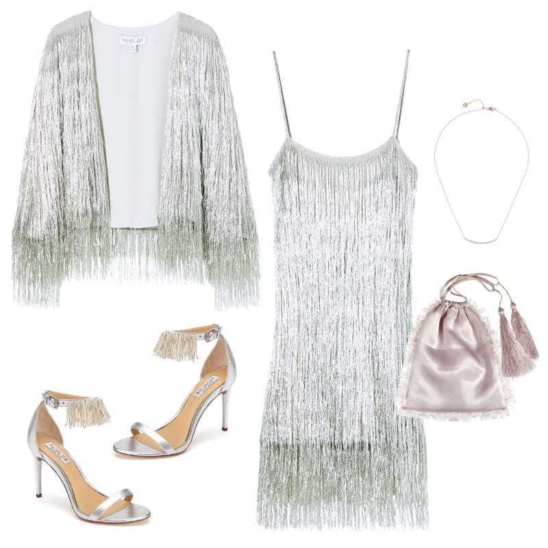 <a rel="nofollow noopener" href="https://shoprachelzoe.com/shop/ready-to-wear/core/della-fringe-metallic-mini-dress/?attribute_pa_color=plat" target="_blank" data-ylk="slk:Della Metallic Fringe Mini Dress, Rachel Zoe Collection, $495;elm:context_link;itc:0;sec:content-canvas" class="link ">Della Metallic Fringe Mini Dress, Rachel Zoe Collection, $495</a><a rel="nofollow noopener" href="http://rstyle.me/~9X7bD" target="_blank" data-ylk="slk:Skinny Curve Rose Gold Vermeil Diamond Necklace, Monica Vinader, $750;elm:context_link;itc:0;sec:content-canvas" class="link ">Skinny Curve Rose Gold Vermeil Diamond Necklace, Monica Vinader, $750</a><a rel="nofollow noopener" href="http://rstyle.me/n/cnmp78jduw" target="_blank" data-ylk="slk:Frayed Satin Pouch, Attico, $267;elm:context_link;itc:0;sec:content-canvas" class="link ">Frayed Satin Pouch, Attico, $267</a><a rel="nofollow noopener" href="https://shoprachelzoe.com/shop/footwear/emina-metallic-fringe-sandals/?attribute_pa_color=silv" target="_blank" data-ylk="slk:Emina Fringe Metallic Leather Heeled Sandals, Rachel Zoe Collection, $298;elm:context_link;itc:0;sec:content-canvas" class="link ">Emina Fringe Metallic Leather Heeled Sandals, Rachel Zoe Collection, $298</a><a rel="nofollow noopener" href="https://shoprachelzoe.com/shop/ready-to-wear/core/isla-metallic-fringed-cardigan/?attribute_pa_color=plat" target="_blank" data-ylk="slk:Isla Metallic Fringe Cardigan, Rachel Zoe Collection, $525;elm:context_link;itc:0;sec:content-canvas" class="link ">Isla Metallic Fringe Cardigan, Rachel Zoe Collection, $525</a>