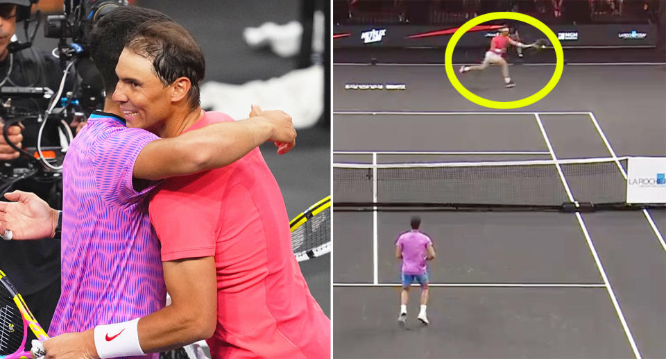Pictured here, tennis stars Rafa Nadal and Carlos Alcaraz share an embrace after their match.