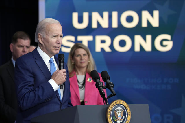 FILE - President Joe Biden speaks in the South Court Auditorium on the White House complex in Washington, Dec. 8, 2022, about the infusion of nearly $36 billion to shore up a financially troubled union pension plan, preventing severe cuts to the retirement incomes of more than 350,000 Teamster workers and retirees across the United States. (AP Photo/Susan Walsh, File)