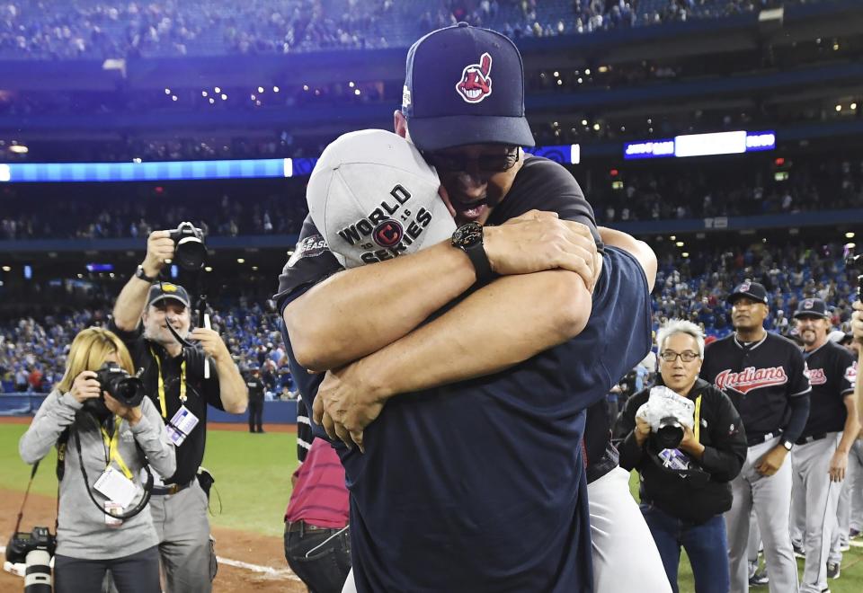 FILE - Cleveland Indians manager Terry Francona jumps into the arms of designated hitter Mike Napoli as they celebrate after the Indians defeated the Toronto Blue Jays 3-0 in Game 5 of the baseball American League Championship Series in Toronto, Wednesday, Oct. 19, 2016. Slowed by major health issues in recent years, the personable, popular Francona may be stepping away, but not before leaving a lasting imprint as a manager and as one of the game's most beloved figures. (Frank Gunn/The Canadian Press via AP, File)