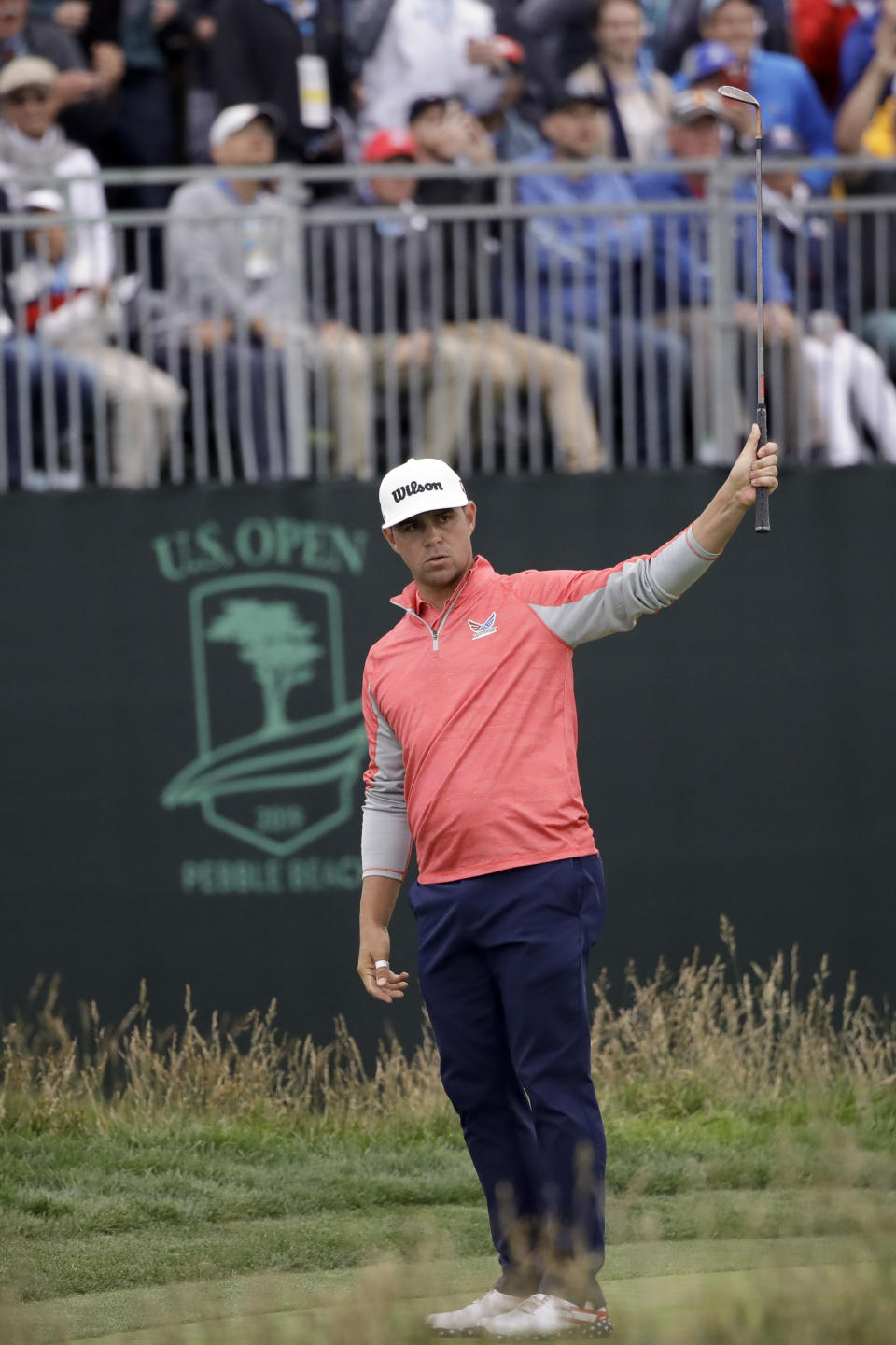 FILE - Gary Woodland reacts to his chip off the 17th green during the final round of the U.S. Open Championship golf tournament Sunday, June 16, 2019, in Pebble Beach, Calif. Woodland believes this shot is what people will remember the most. (AP Photo/Marcio Jose Sanchez) (AP Photo/Marcio Jose Sanchez, File)