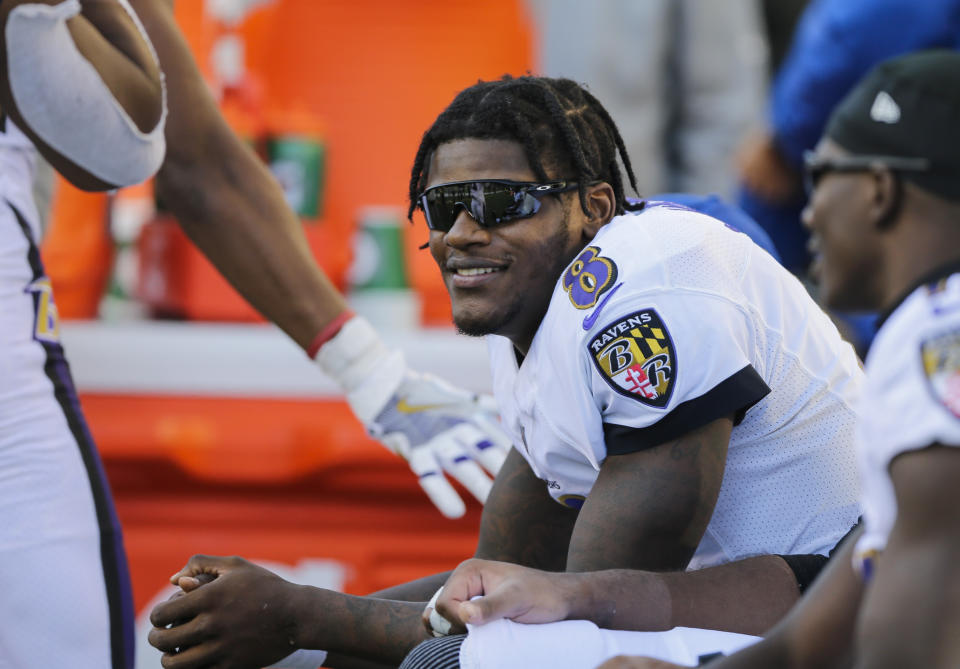 CINCINNATI, OHIO - NOVEMBER 10: Lamar Jackson #8 of the Baltimore Ravens on the sideline during the game against the Cincinnati Bengals at Paul Brown Stadium on November 10, 2019 in Cincinnati, Ohio. (Photo by Silas Walker/Getty Images)