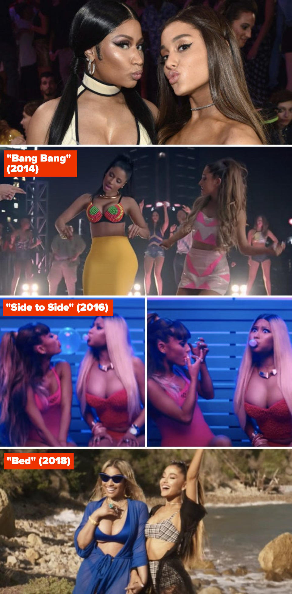 Minaj and Grande at the 2018 MTV Video Music Awards; Minaj and Grande in their "Bang Bang" music video; Minaj and Grande in their "Side to Side" music video; Minaj and Grande in their "Bed" music video