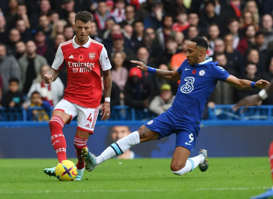 LONDON, ENGLAND - NOVEMBER 06: Ben White of Arsenal is fouled by Pierre-Emerick Aubameyang of Chelsea during the Premier League match between Chelsea FC and Arsenal FC at Stamford Bridge on November 06, 2022 in London, England. (Photo by Stuart MacFarlane/Arsenal FC via Getty Images)