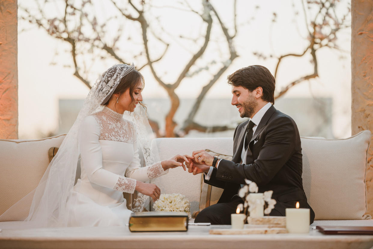 La boda real de la princesa Iman Bint Abdullah II y Jameel Alexander Thermiotis se llevó a cabo el 12 de marzo de 2023 en Amman, Jordania. (Foto Corte Real de Jordania/Getty Images)