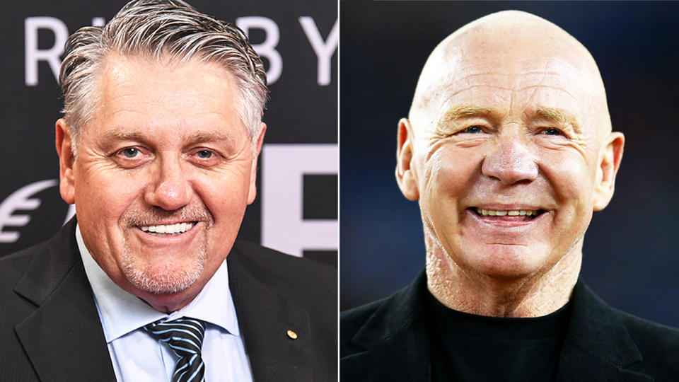 Broadcaster Ray Hadley (pictured left) during a red carpet and NRL legend Bob Fulton (pictured right) smiling at a presentation.